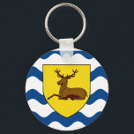 Flag of Hertfordshire Keychain<br><div class="desc">Keychain with design with a flag of historic county of Hertfordshire,  in England,  Great Britain; flag with an illustration of a stag in a yellow shield on white and blue wavy background</div>