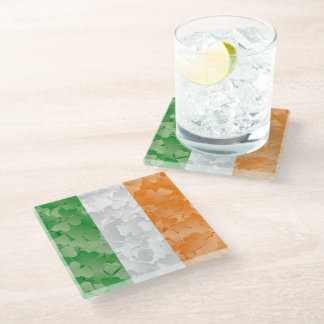 Flag of Ireland with shamrocks pattern Glass Coaster