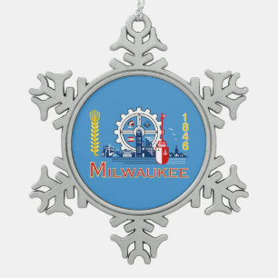 Flag of Milwaukee, Wisconsin Snowflake Pewter Christmas Ornament