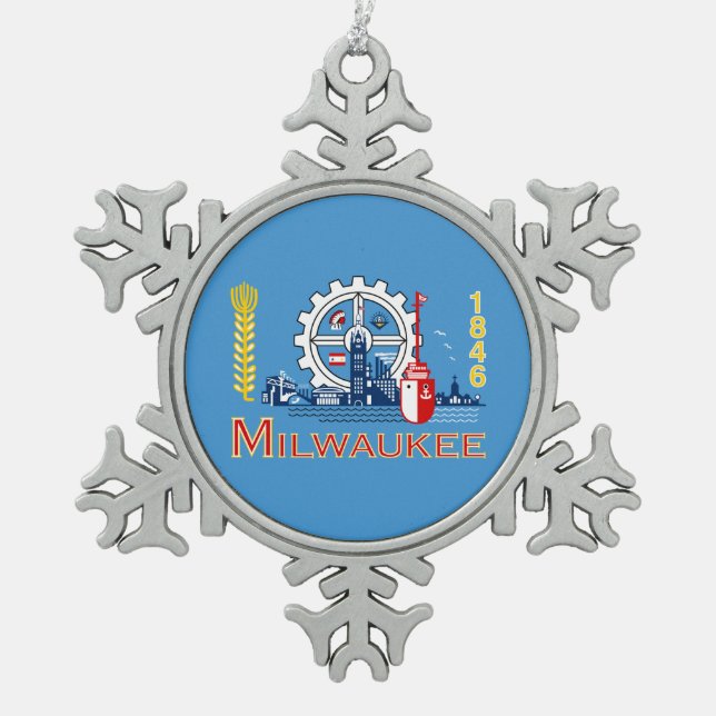 Flag of Milwaukee, Wisconsin Snowflake Pewter Christmas Ornament (Front)