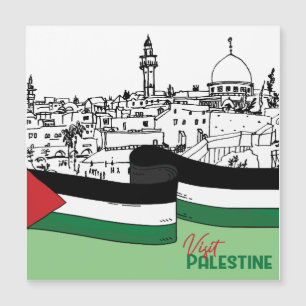 Flag of Palestine and old houses drawn by hand