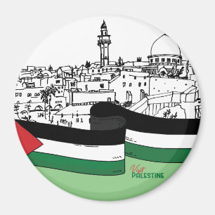 Flag of Palestine and old houses drawn by hand Magnet
