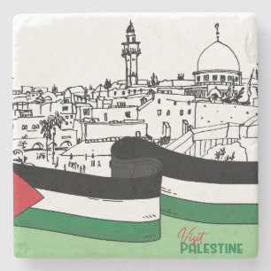 Flag of Palestine and old houses drawn by hand Stone Coaster