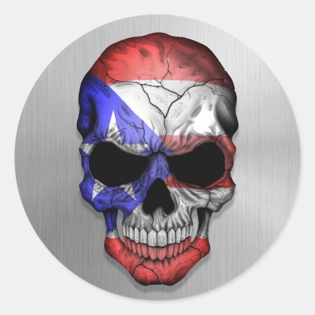Flag of Puerto Rico on a Steel Skull Graphic Classic Round Sticker (Front)