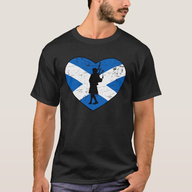 Flag of Scotland Heart Bagpipe Player Silhouette T-Shirt (Front)