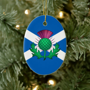 Flag of Scotland with Thistle superimposed Ceramic Tree Decoration
