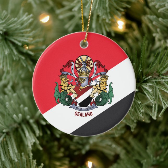 Flag of Sealand, with coat of arms superimposed Ceramic Tree Decoration (Tree)