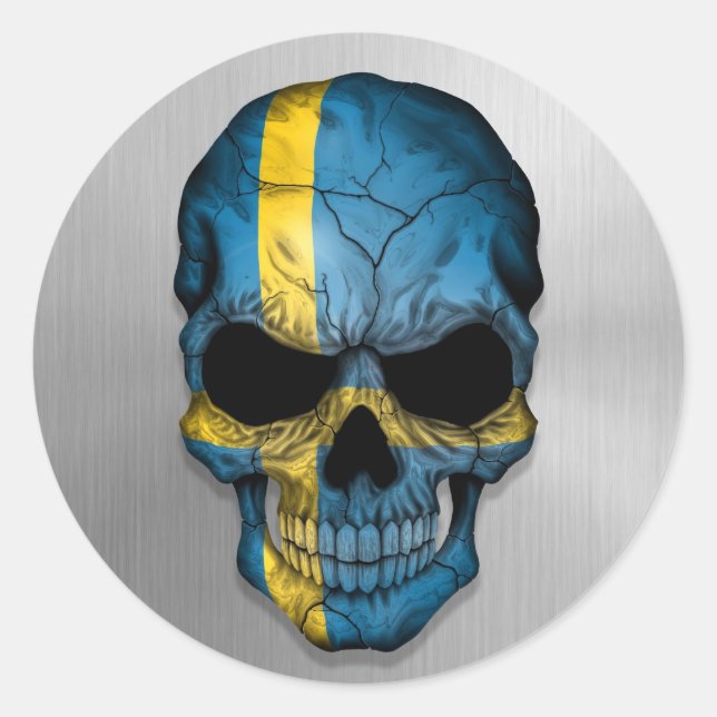 Flag of Sweden on a Steel Skull Graphic Classic Round Sticker (Front)