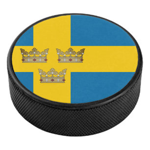 Flag of Sweden with Three Crowns of Sweden added Hockey Puck