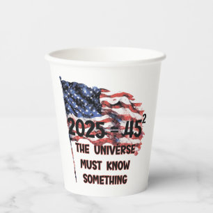 Flag of the United States. President Donald Trump. Paper Cups