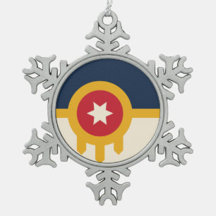 Flag of Tulsa, Oklahoma Snowflake Pewter Christmas Ornament