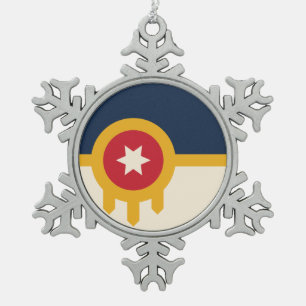 Flag of Tulsa, Oklahoma Snowflake Pewter Christmas Ornament