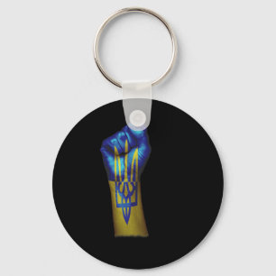 Flag Of Ukraine + Trident On A Raised Clenched Fis Key Ring