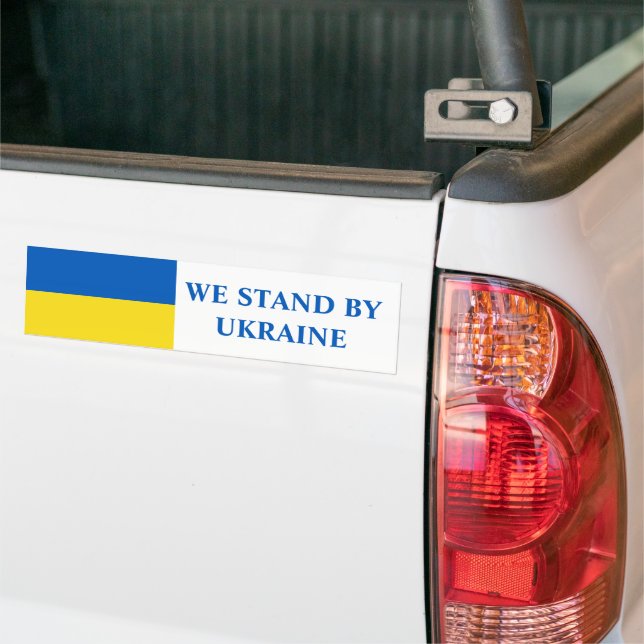 Flag of Ukraine We Stand By Ukraine Bumper Sticker (On Truck)