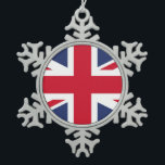 Flag of United Kingdom Snowflake Pewter Christmas Ornament<br><div class="desc">The national flag of the United Kingdom is the Union Jack, also known as the Union Flag. The flag consists of the red cross of Saint George (patron saint of England), edged in white, superimposed on the Cross of St Patrick (patron saint of Ireland), which are superimposed on the Saltire...</div>