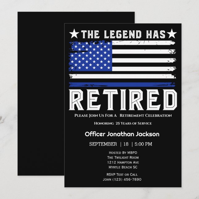 Flag Thin Blue Line Police Officer Retirement   Invitation (Front/Back)