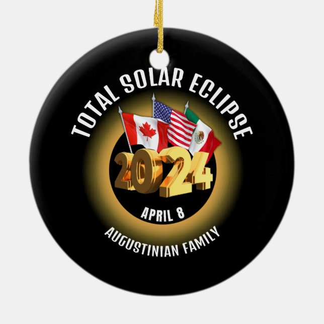 Flags 2024 TOTAL SOLAR ECLIPSE Family Ceramic Tree Decoration (Back)
