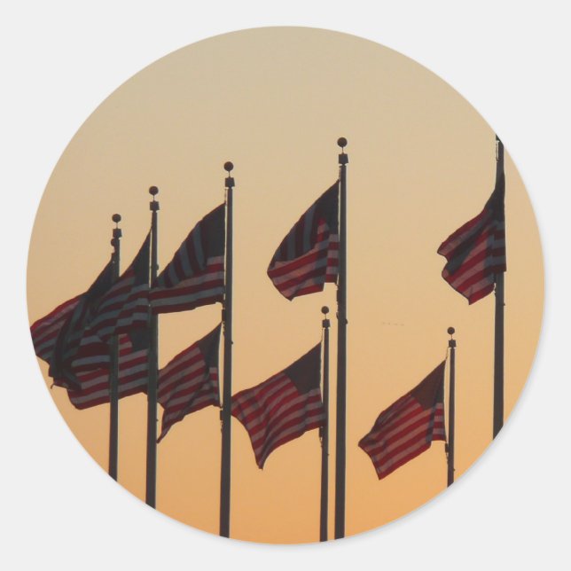 Flags at Sunset American Patriotic USA Classic Round Sticker (Front)