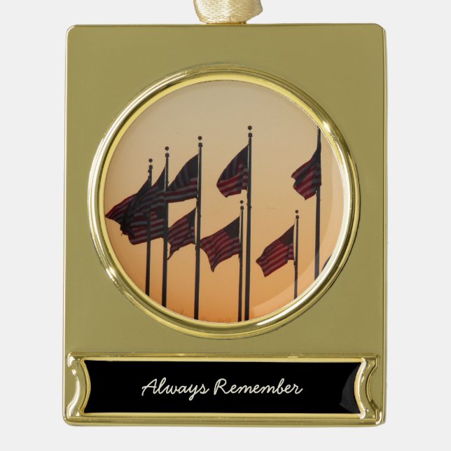 Flags at Sunset American Patriotic USA Gold Plated Banner Ornament (Front)