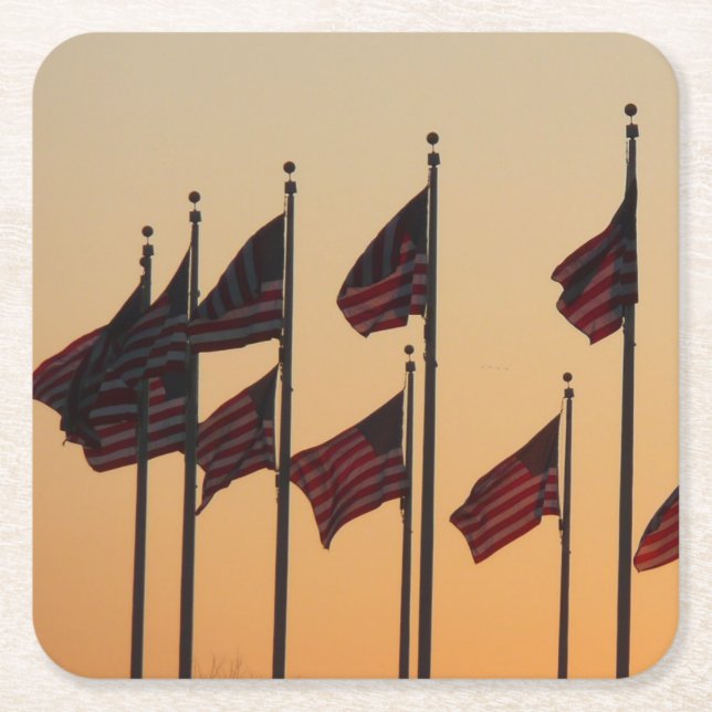 Flags at Sunset American Patriotic USA Square Paper Coaster (Front)