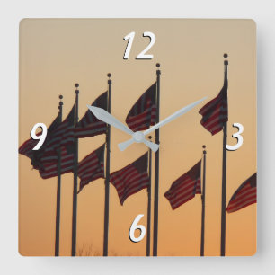 Flags at Sunset American Patriotic USA Square Wall Clock