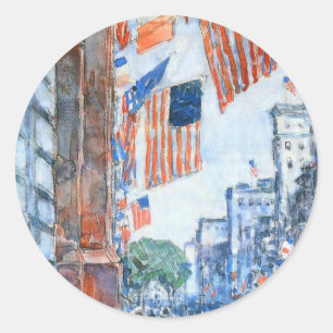 Flags Fifth Avenue by Childe Hassam, Vintage Art Classic Round Sticker