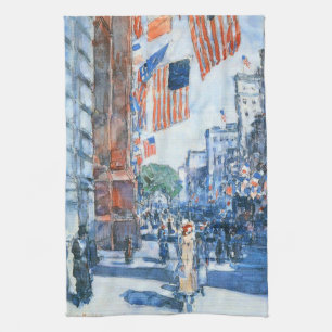 Flags Fifth Avenue by Childe Hassam, Vintage Art Tea Towel