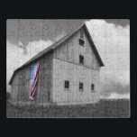 Flags of Our Farmers - Barn with American Flag Jigsaw Puzzle<br><div class="desc">Flags of Our Farmers XVI by James McLoughlin. Black and white photograph of a barn with an American flag.</div>