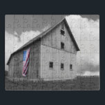 Flags of Our Farmers - Barn with American Flag Jigsaw Puzzle<br><div class="desc">Flags of Our Farmers XVI by James McLoughlin. Black and white photograph of a barn with an American flag.</div>