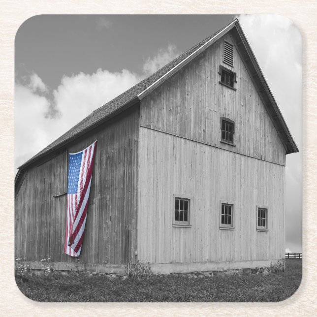 Flags of Our Farmers - Barn with American Flag Square Paper Coaster (Front)