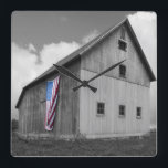 Flags of Our Farmers - Barn with American Flag Square Wall Clock<br><div class="desc">Flags of Our Farmers XVI by James McLoughlin. Black and white photograph of a barn with an American flag.</div>
