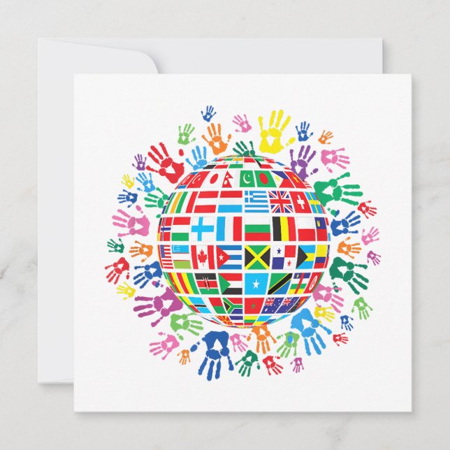 Flags of the World with Colourful Handprints Invitation (Front)