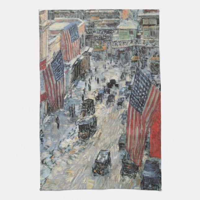 Flags on 57th Street by Frederick Childe Hassam Tea Towel (Vertical)