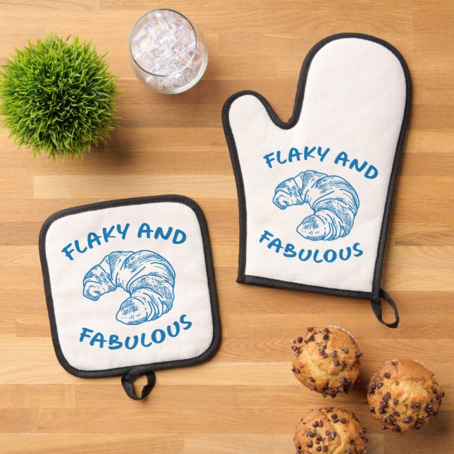 Flaky and Fabulous, French Croissant Chef Oven Mitt & Pot Holder Set (Top Down)