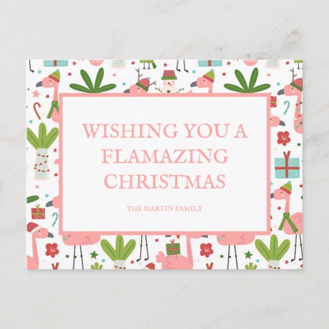 Flamazing Christmas Pink Flamingos White Snowmen Postcard (Front)