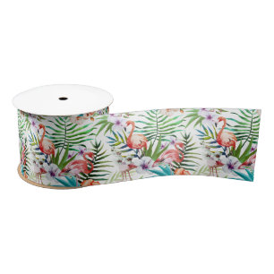 Flamboyant Flamingo Tropical nature garden pattern Satin Ribbon
