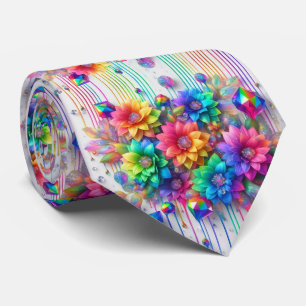 Flamboyant Neck Tie   Rainbow Flowers and Diamonds