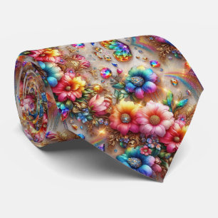 Flamboyant Neck Tie   Rainbow Flowers and Diamonds