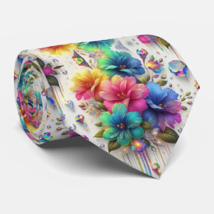 Flamboyant Neck Tie   Rainbow Flowers and Diamonds