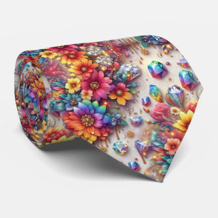 Flamboyant Neck Tie   Rainbow Flowers and Diamonds