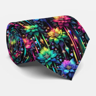 Flamboyant Neck Tie   Rainbow Flowers and Diamonds
