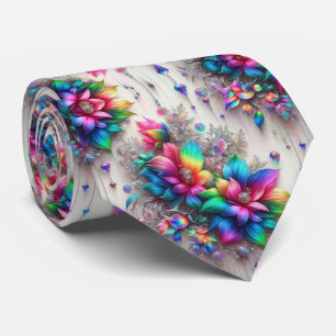 Flamboyant Neck Tie Rainbow Flowers and Diamonds