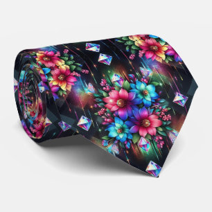 Flamboyant Neck Tie Rainbow Flowers and Diamonds