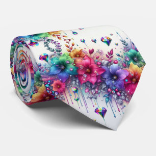 Flamboyant Neck Tie   Rainbow Flowers and Diamonds