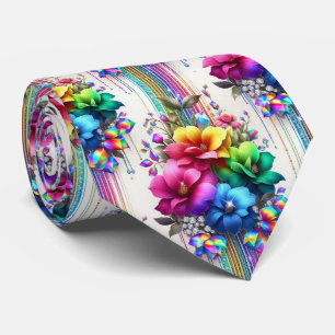Flamboyant Neck Tie   Rainbow Flowers and Diamonds