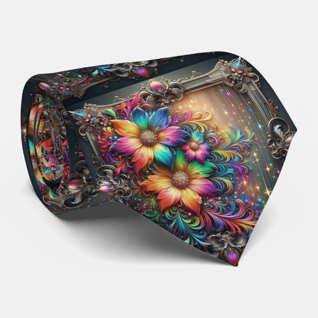 Flamboyant Neck Tie | Rainbow Flowers Faux Glitter (Rolled)