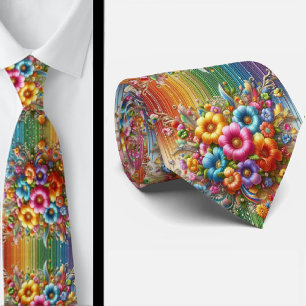 Flamboyant Neck Tie   Rainbow Flowers Faux Glitter