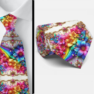 Flamboyant Neck Tie   Rainbow Flowers Faux Glitter