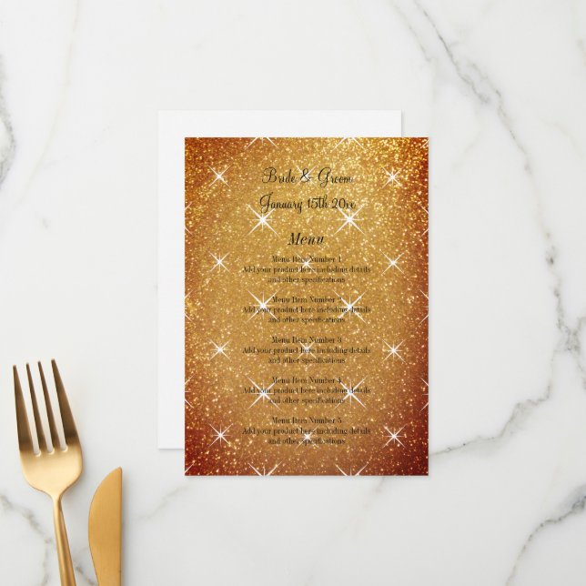 Flamboyant sparkly gold glitter glamourous wedding menu (Front/Back In Situ)