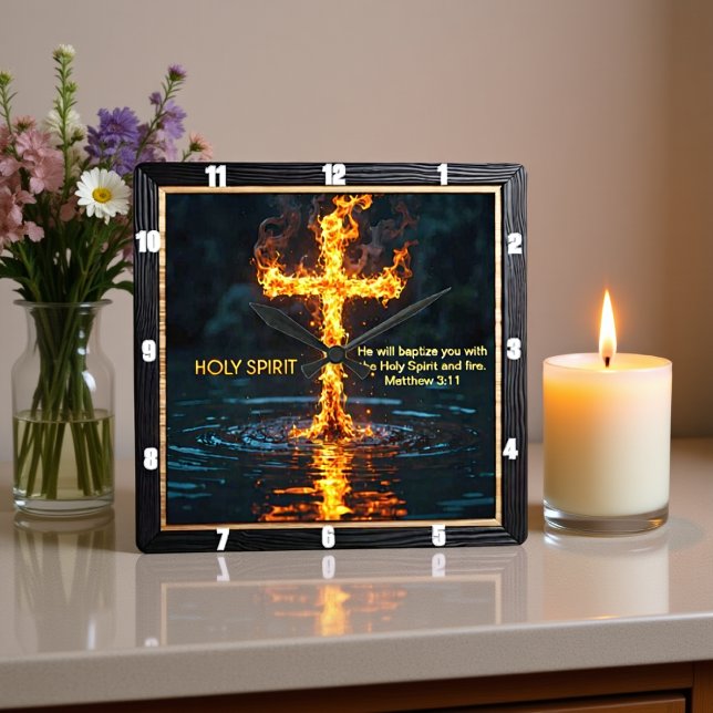 Flame Cross Water Baptism Spirit Matthew 3:11 Square Wall Clock (Creator Uploaded)